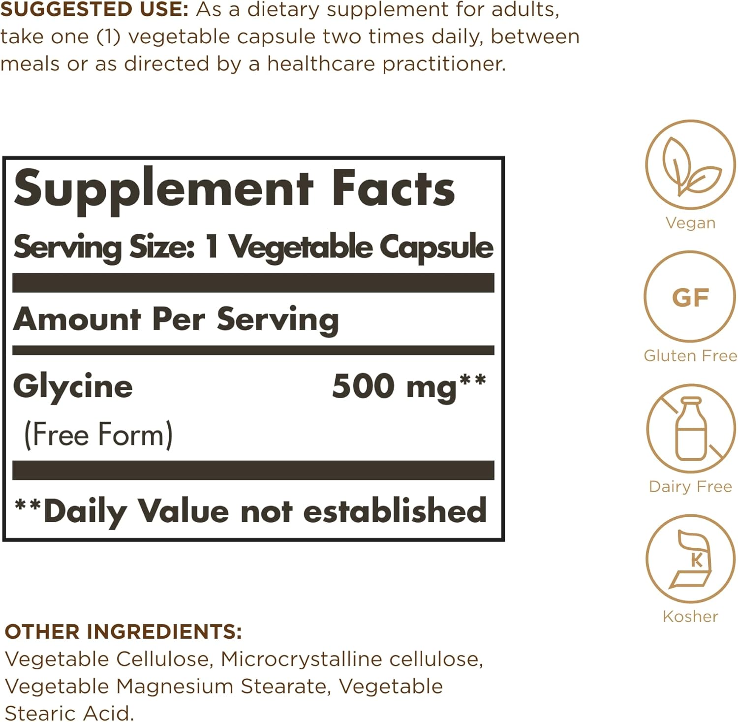 Solgar Glycine 500 mg - 100 Cápsulas Vegetales - No Transgénico, Vegano, Sin Gluten, Sin Lácteos, Kosher