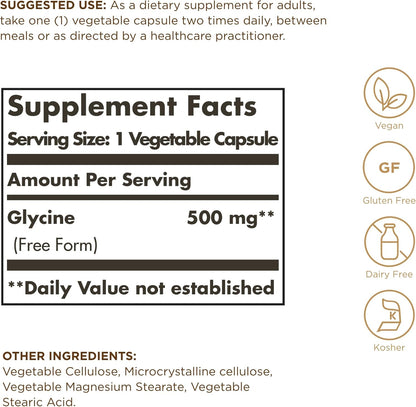 Solgar Glycine 500 mg - 100 Cápsulas Vegetales - No Transgénico, Vegano, Sin Gluten, Sin Lácteos, Kosher – Image 2