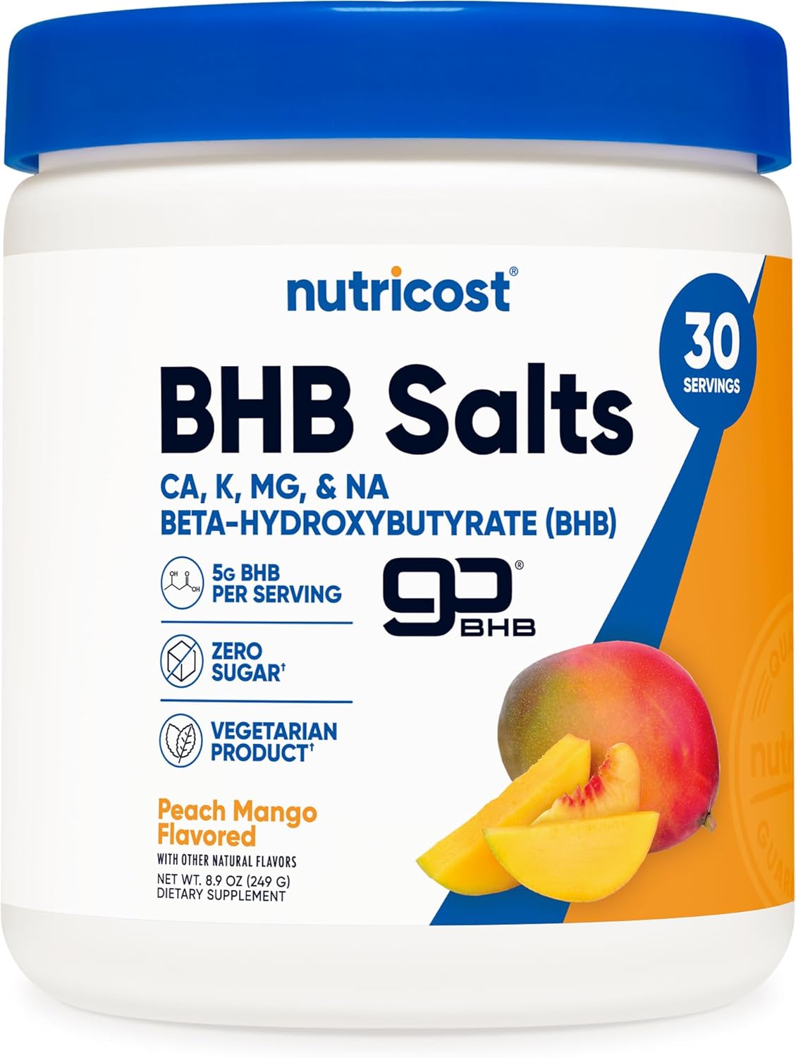 Nutricost BHB Salts Drink Mix (30 porciones, sabor melocotón mango, 5 g de BHB por porción) - 0 g de azúcares totales, producto vegetariano