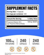 BulkSupplements Tiamina 100 mg – 240 Cápsulas de Mononitrato de Tiamina (Vitamina B1), Sin Gluten