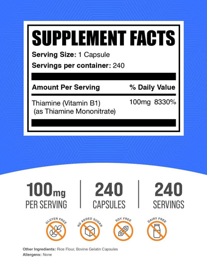 BulkSupplements Tiamina 100 mg – 240 Cápsulas de Mononitrato de Tiamina (Vitamina B1), Sin Gluten – Image 2