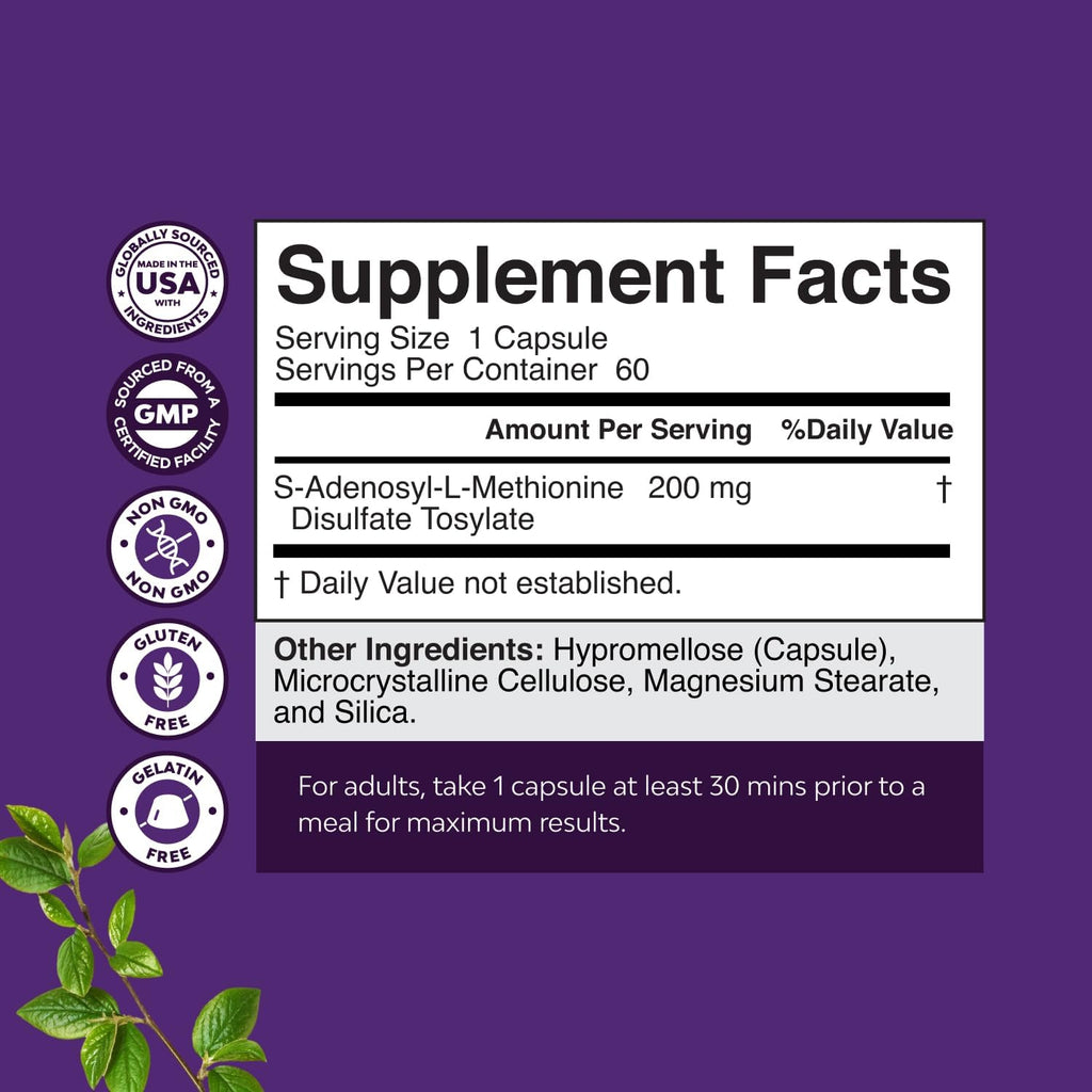 Natures Craft SAM-e 200mg - Suplemento de S-Adenosilmetionina, 60 Cápsulas Veganas