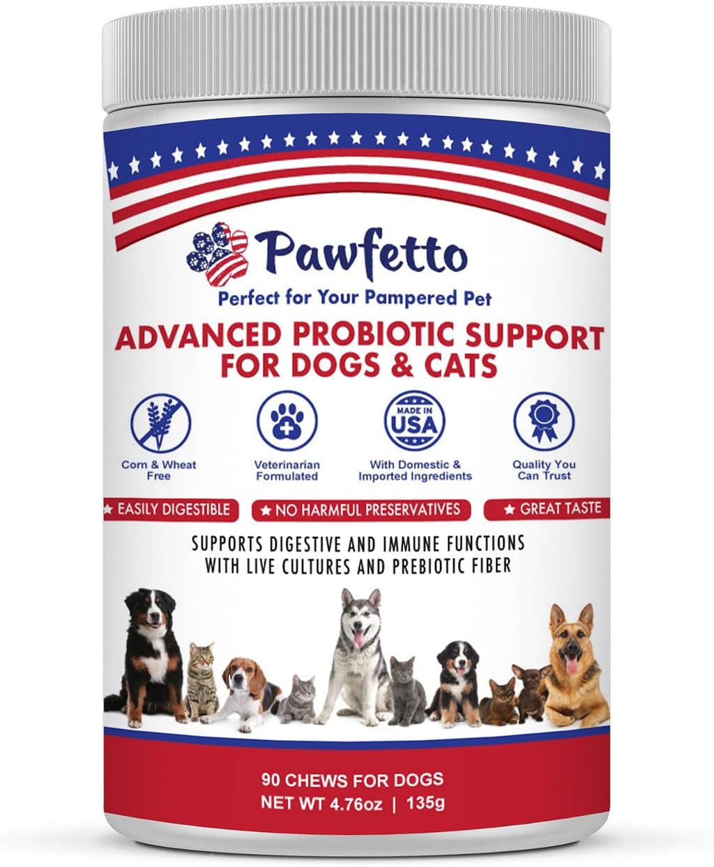 Pawfetto Probióticos Avanzados para Perros y Gatos - 90 Masticables Sabor Pato