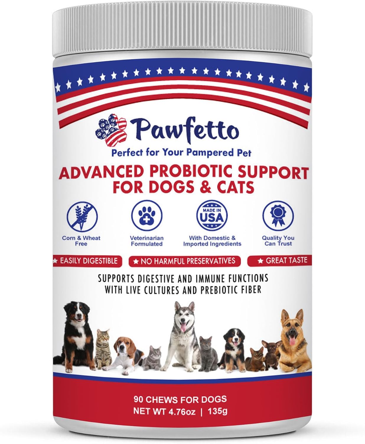 Pawfetto Probióticos Avanzados para Perros y Gatos - 90 Masticables Sabor Pato