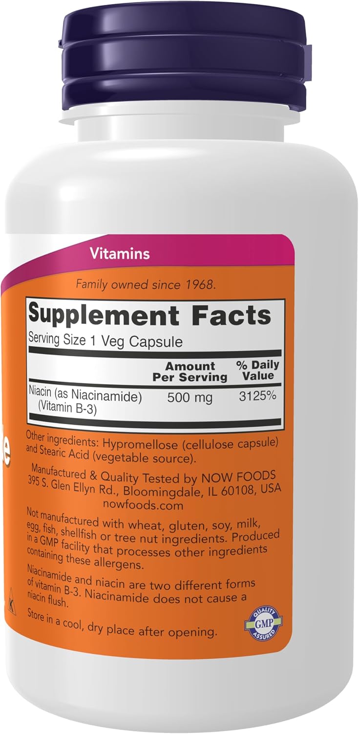 NOW Foods Niacinamida (Vitamina B-3) 500 mg, 100 Cápsulas Vegetales