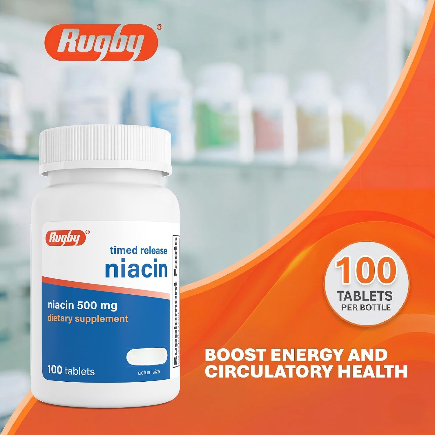 Rugby Niacina de Liberación Prolongada 500mg con 28mg de Calcio, Suplemento Alimenticio para Energía, Circulación y Apoyo al Metabolismo, 100 Comprimidos (1 Paquete)