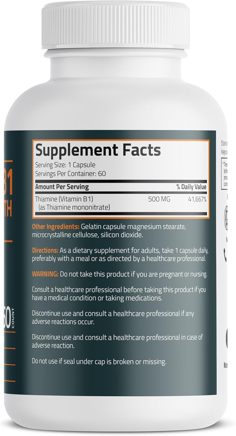 Bronson Vitamin B1 Extra Strength 500 MG High Potency Non-GMO, 60 Capsules