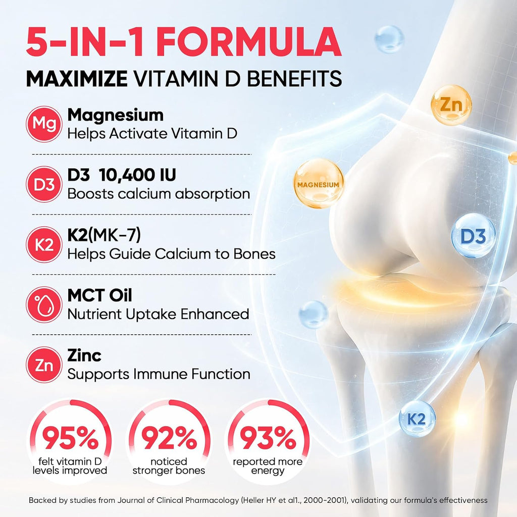 Venture Pal 5-en-1 Gotas de Vitamina D3 K2 - 10.000 UI D3 y 200 mcg K2 (MK-7) con Magnesio, Zinc y Aceite MCT - 60 ml, 60 Días
