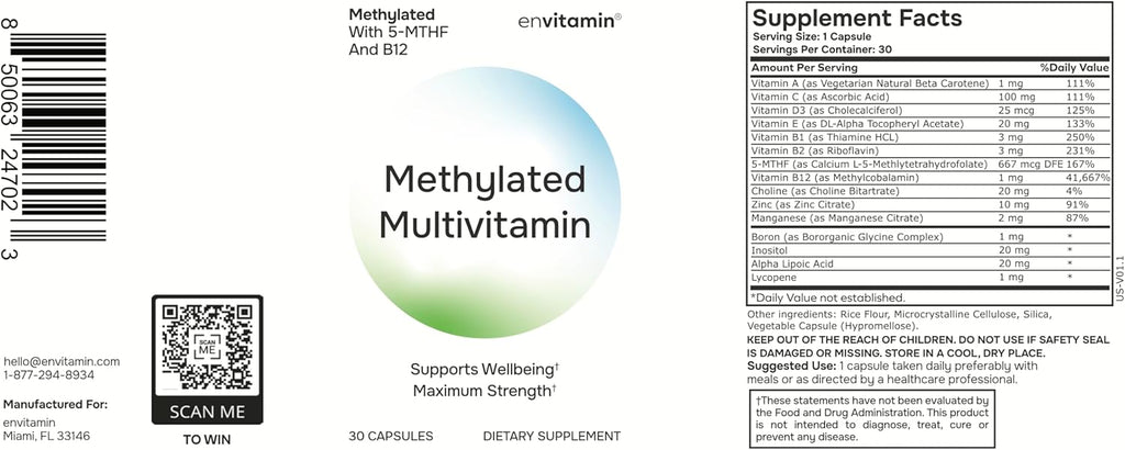 envitamin Complejo Multivitamínico Metilado con L-Metilfolato, B12 Metilada, 5-MTHF, Inositol y Licopeno