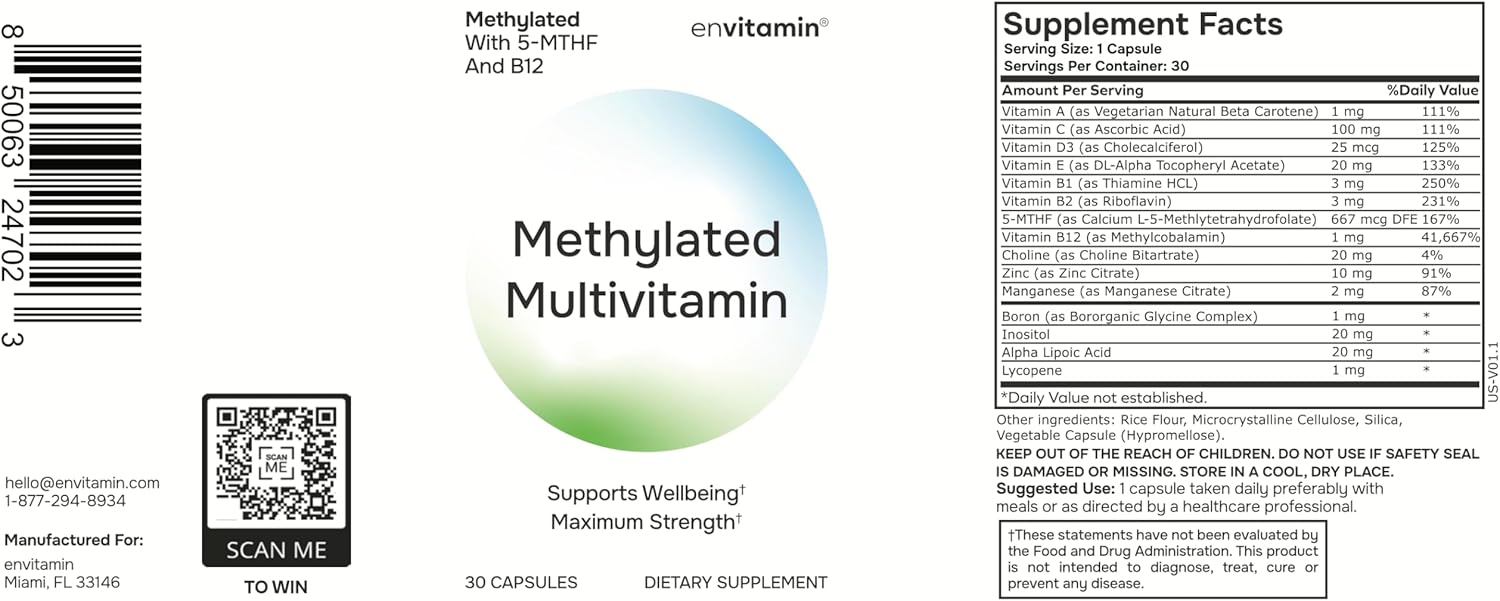 envitamin Complejo Multivitamínico Metilado con L-Metilfolato, B12 Metilada, 5-MTHF, Inositol y Licopeno