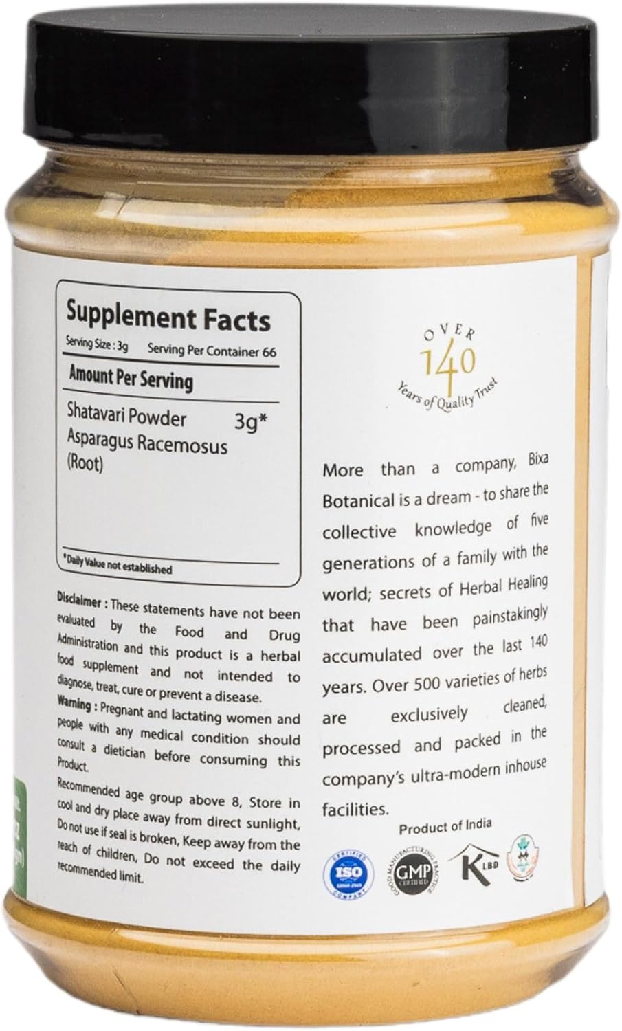 bixa BOTANICAL Polvo de Raíz de Shatavari (Asparagus Racemosus) - Suplemento Herbal Ayurveda - 200g