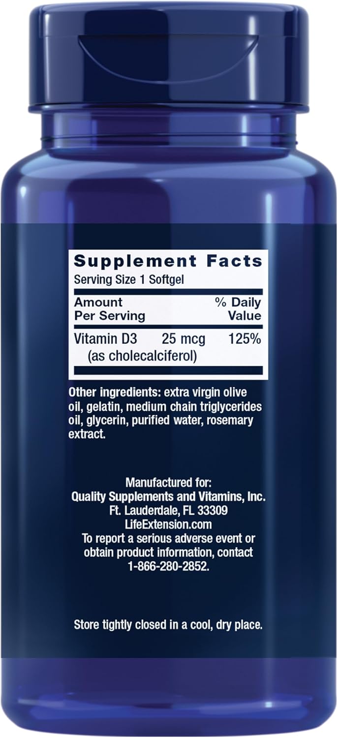 Life Extension Vitamina D3 25 mcg (1000 UI) - 250 Cápsulas Blandas