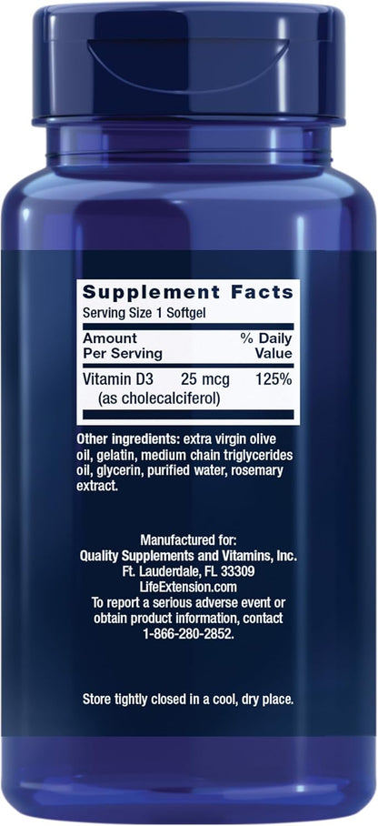 Life Extension Vitamina D3 25 mcg (1000 IU) - 250 Cápsulas Blandas – Image 2
