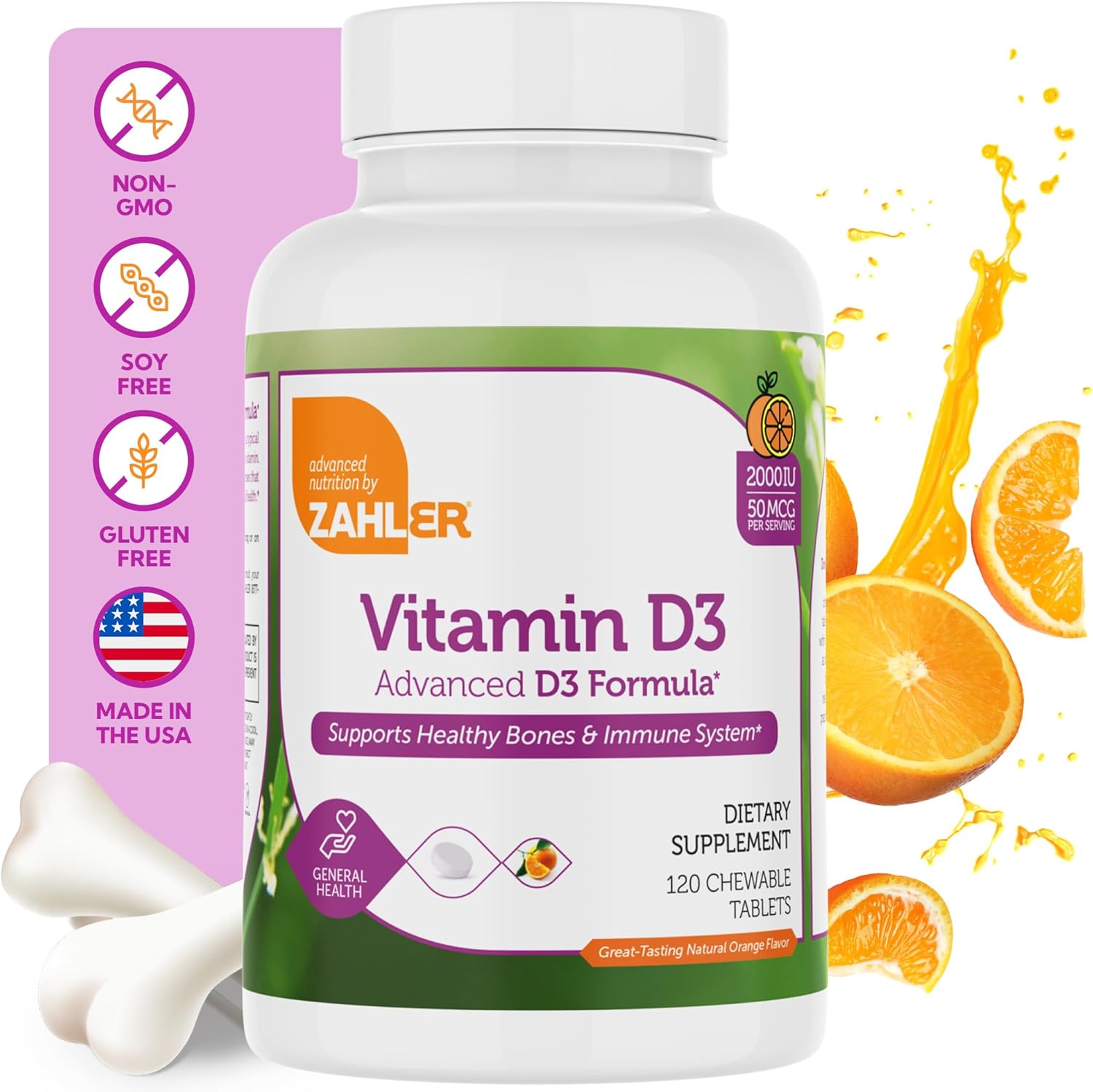 Zahler Vitamina D3 2000IU Masticable - 120 Comprimidos Sabor Naranja