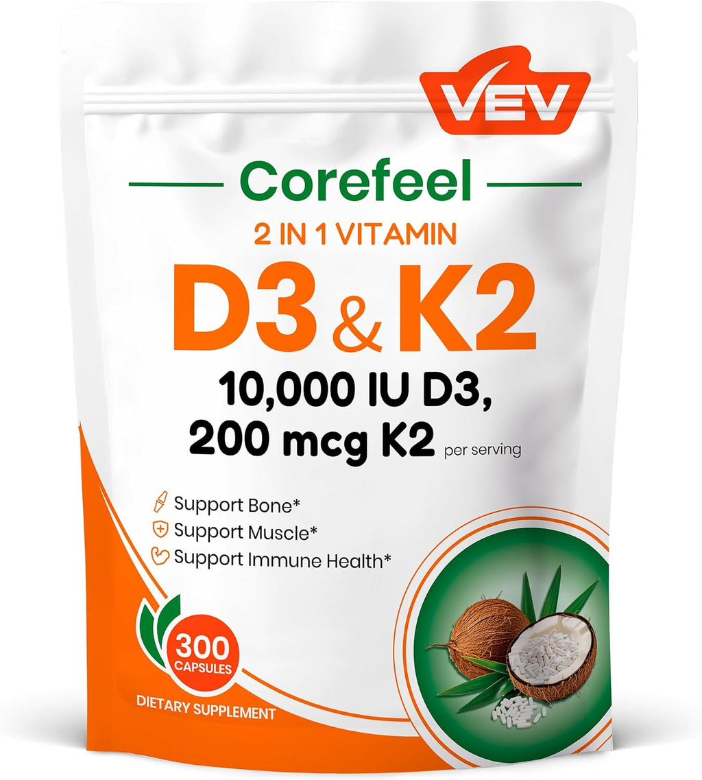 VEV Corefeel Vitamina D3 K2, 10.000 UI D3, 200 mcg K2 (con MK-7), Apoya la Salud de Huesos y Dientes, 300 Cápsulas
