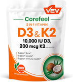 VEV Corefeel Vitamina D3 K2, 10.000 UI D3, 200 mcg K2 (con MK-7), Apoya la Salud de Huesos y Dientes, 300 Cápsulas