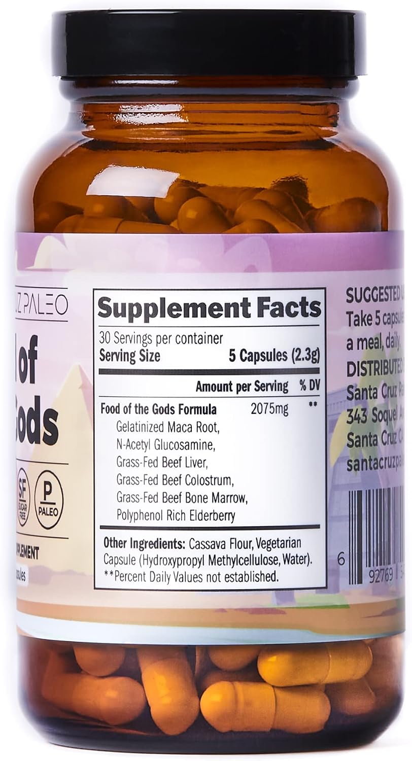 Santa Cruz Paleo, Food of the Gods Suplemento de Órganos de Vacuno Alimentado con Pasto para Hombres y Mujeres, con Colágeno, Maca, Colostro, Caldo de Huesos, Hierro, Vitamina B12, Sin Gluten, Keto, 30 Dosis