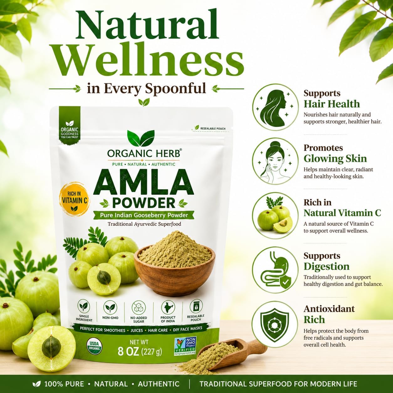 Polvo de Amla Orgánico - Complemento de Vitamina C Natural para Inmunidad y Cabello - 227 g
