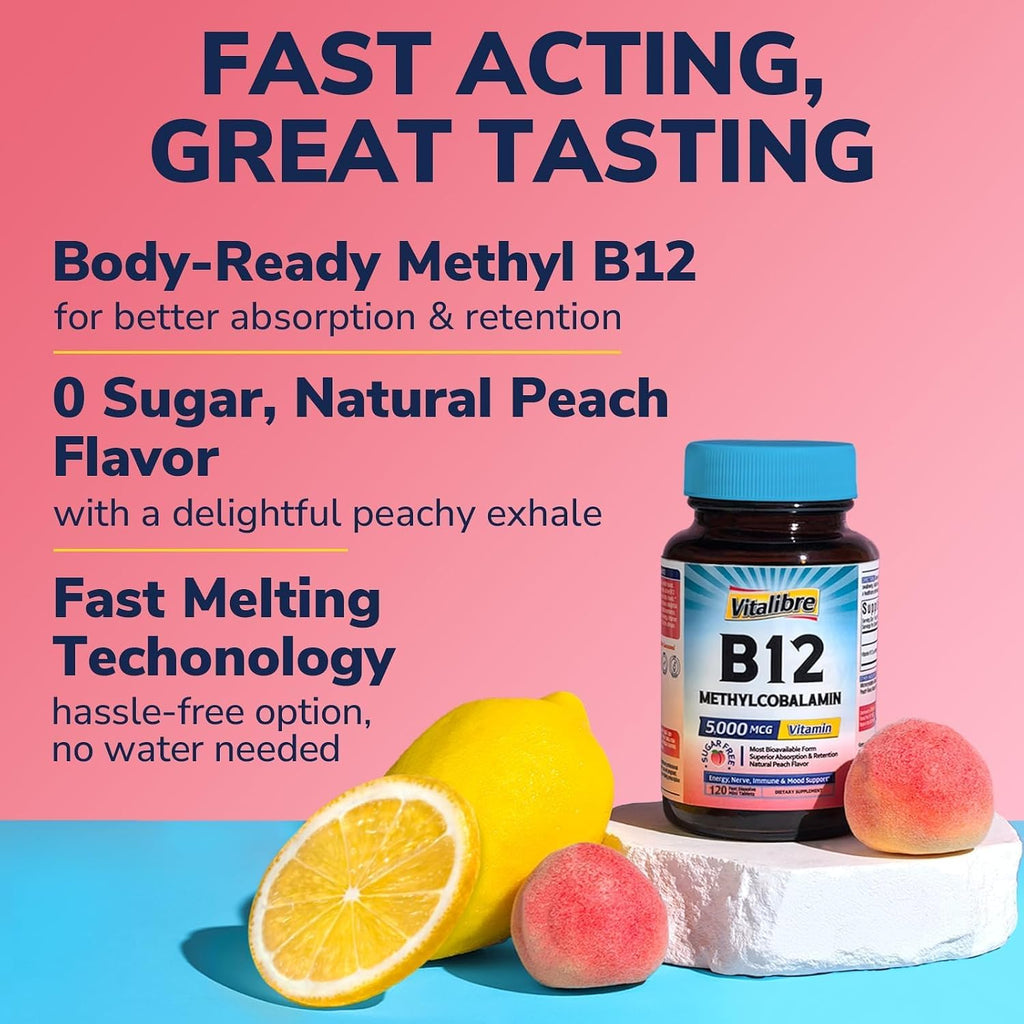 Vitalibre Vitamina B12 Sublingual 5000 mcg Metilcobalamina - 120 Comprimidos de Disolución Rápida Sabor Melocotón