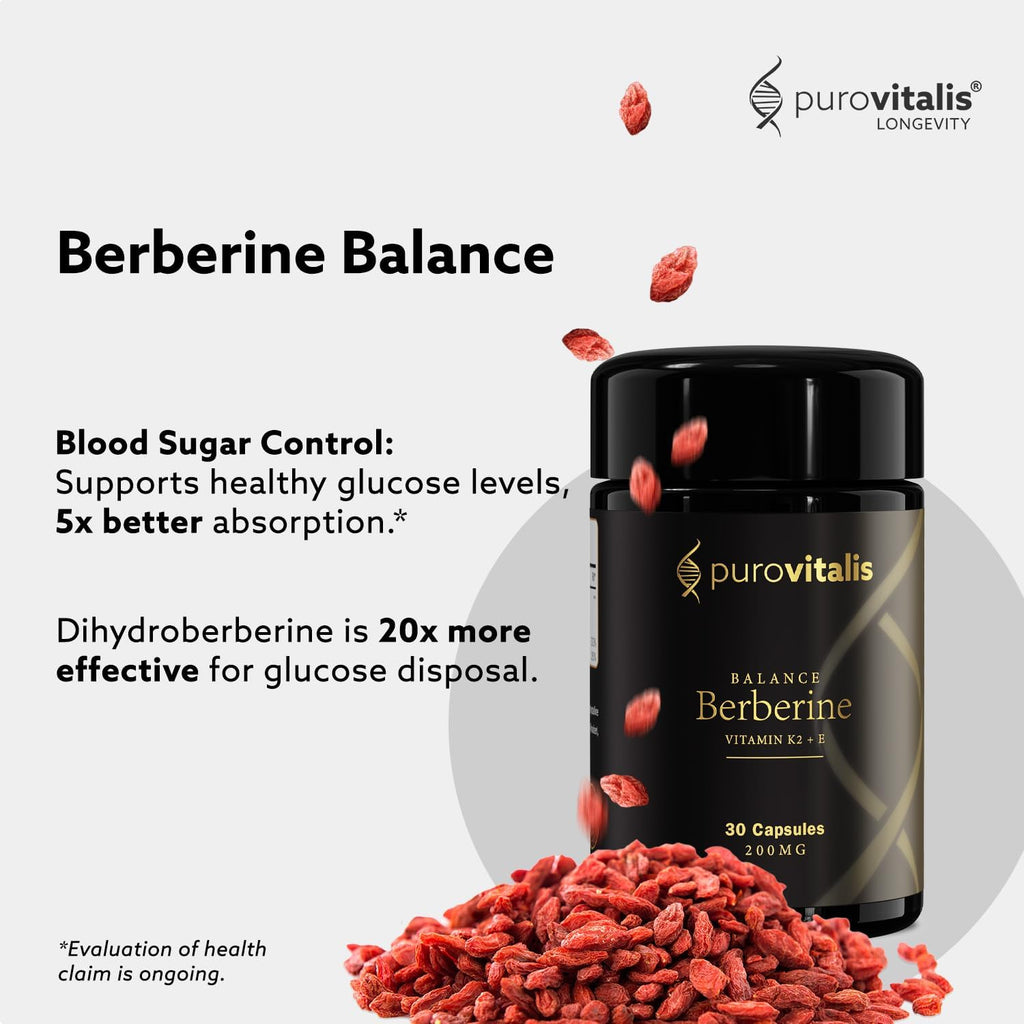 PUROVITALIS Dihydroberberine 200mg con Vitamina K2 y E, Suplemento de Berberina de Alta Concentración, 1 Mes de Suministro (30 Cápsulas Veganas)