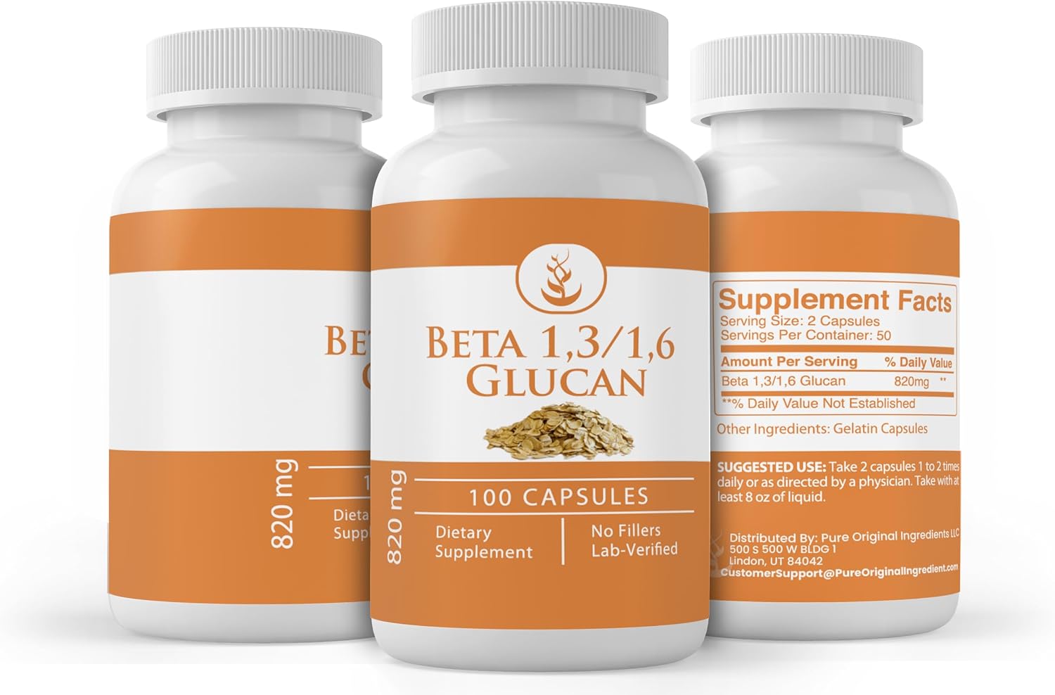 Beta Glucano 1,3/1,6 de Pure Original Ingredients (100 Cápsulas) - Puro, Sin Aditivos ni Rellenos