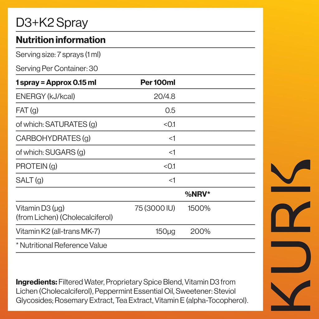 Kurk Spray Vegano de Vitamina D3+K2, 3000UI D3 y 150mcg K2 MK-7, Sabor Menta (30ml)
