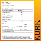 Kurk Spray Vegano de Vitamina D3+K2, 3000UI D3 y 150mcg K2 MK-7, Sabor Menta (30ml)