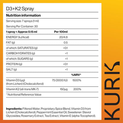Kurk Spray Vegano de Vitamina D3+K2, 3000UI D3 y 150mcg K2 MK-7, Sabor Menta (30ml) – Image 9