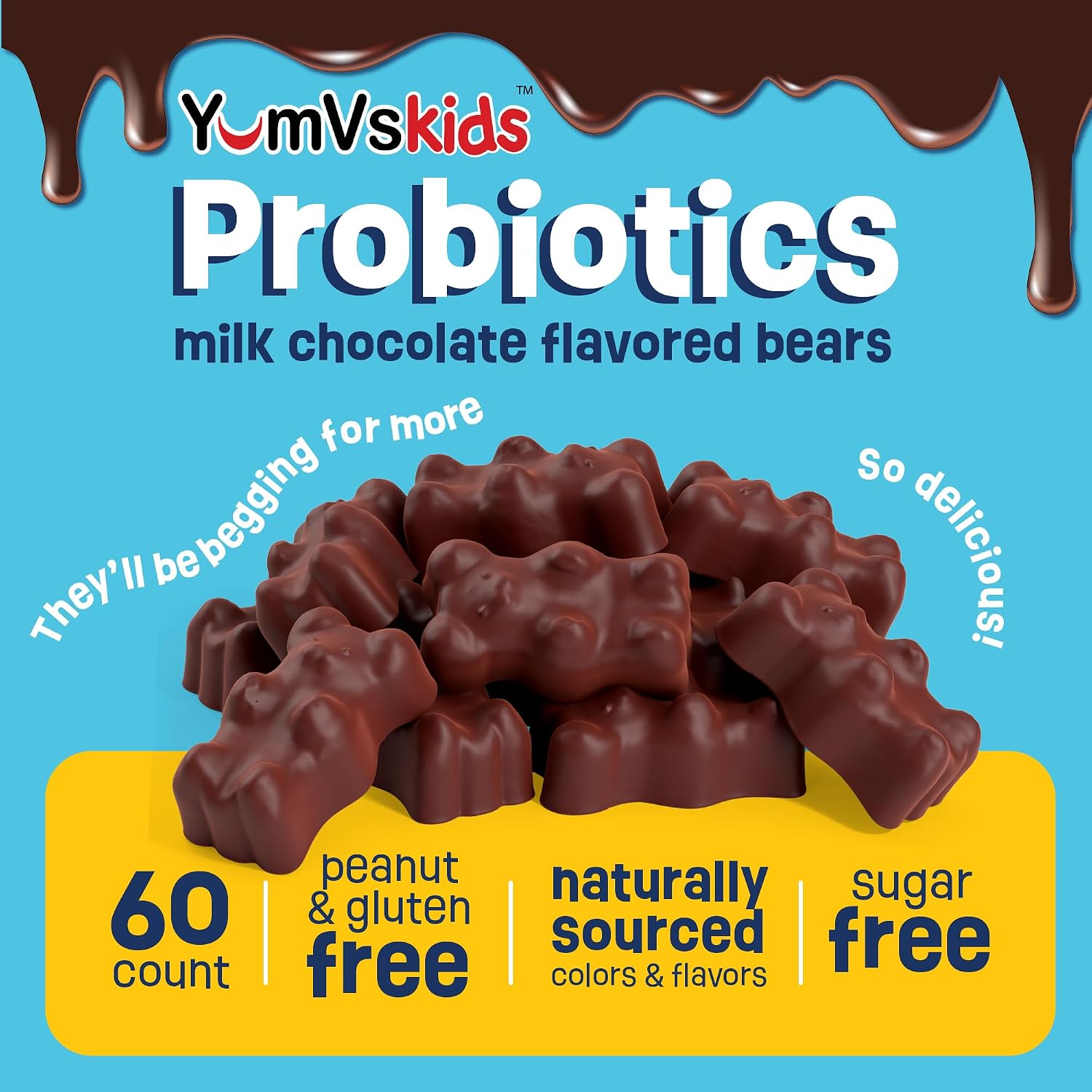 YumVs Probióticos para Niños con Fibra Prebiótica - 60 Comprimidos Masticables de Chocolate Sin Azúcar