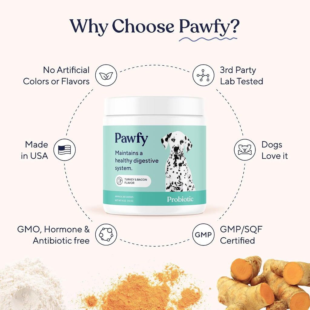 Pawfy Probióticos para Perros | Apoya la Salud Digestiva, Diarrea para Perros Pequeños y Grandes | Mejora la Salud Intestinal | Suplemento Anti Levaduras | Salud de la Piel y Alergias Estacionales - 30 Masticables (Bacon)
