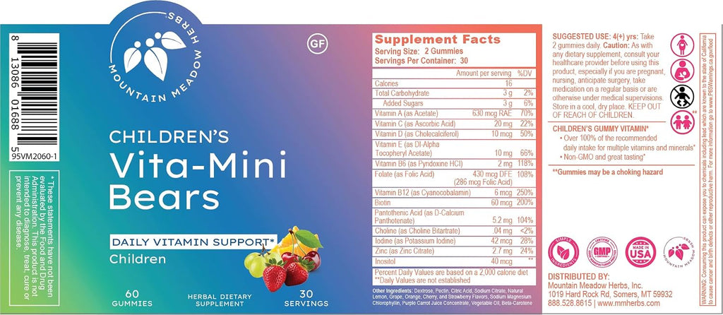 Mountain Meadow Herbs Vita-Mini Bears Multivitamínico para Niños con Gominolas de Frutas, 60 unidades