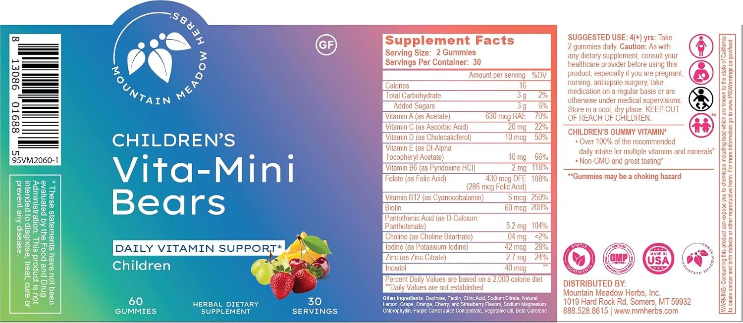 Mountain Meadow Herbs Vita-Mini Bears Multivitamínico para Niños con Gominolas de Frutas, 60 unidades