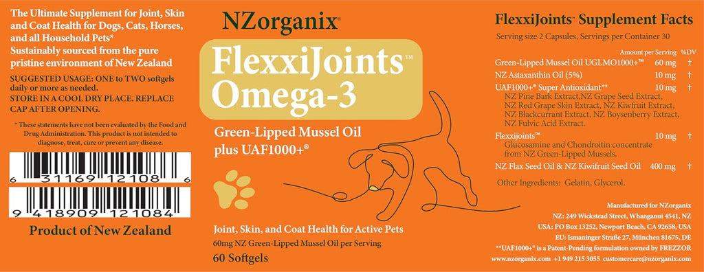FlexxiJoints Omega-3 para Perros - Aceite de Mejillón de Labios Verdes (60 Cápsulas Blandas)