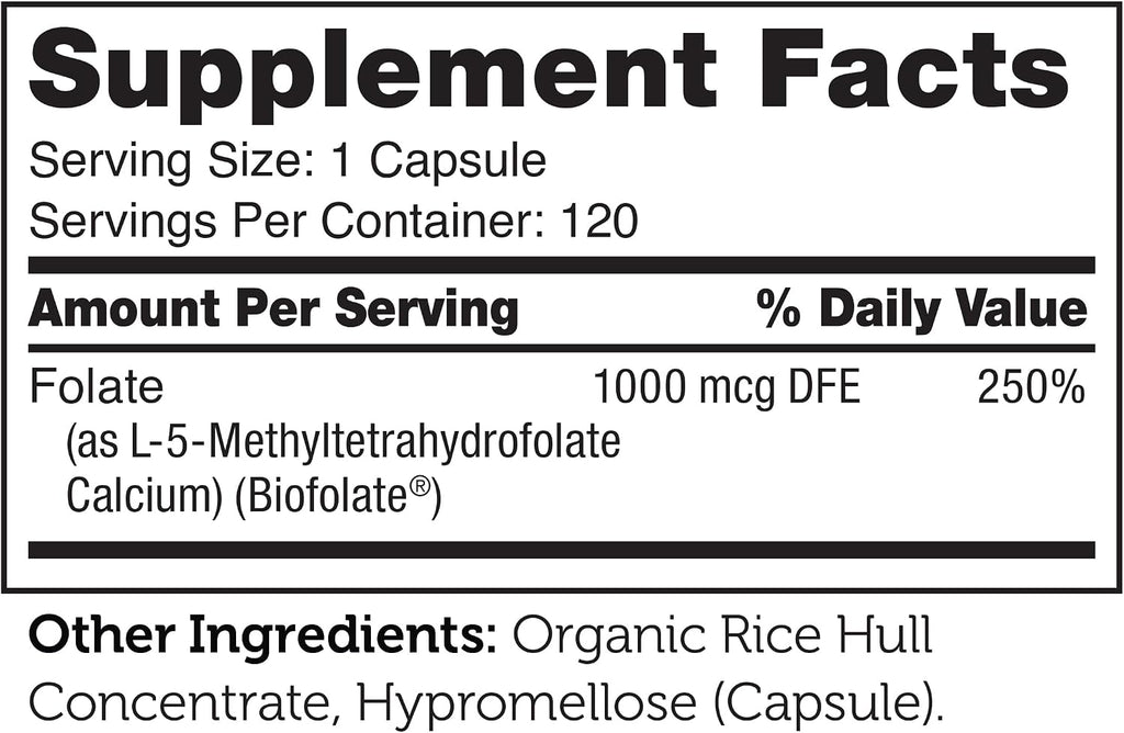 Zahler Metilfolato – 1000 mcg DFE de L-Metilfolato, 120 Cápsulas
