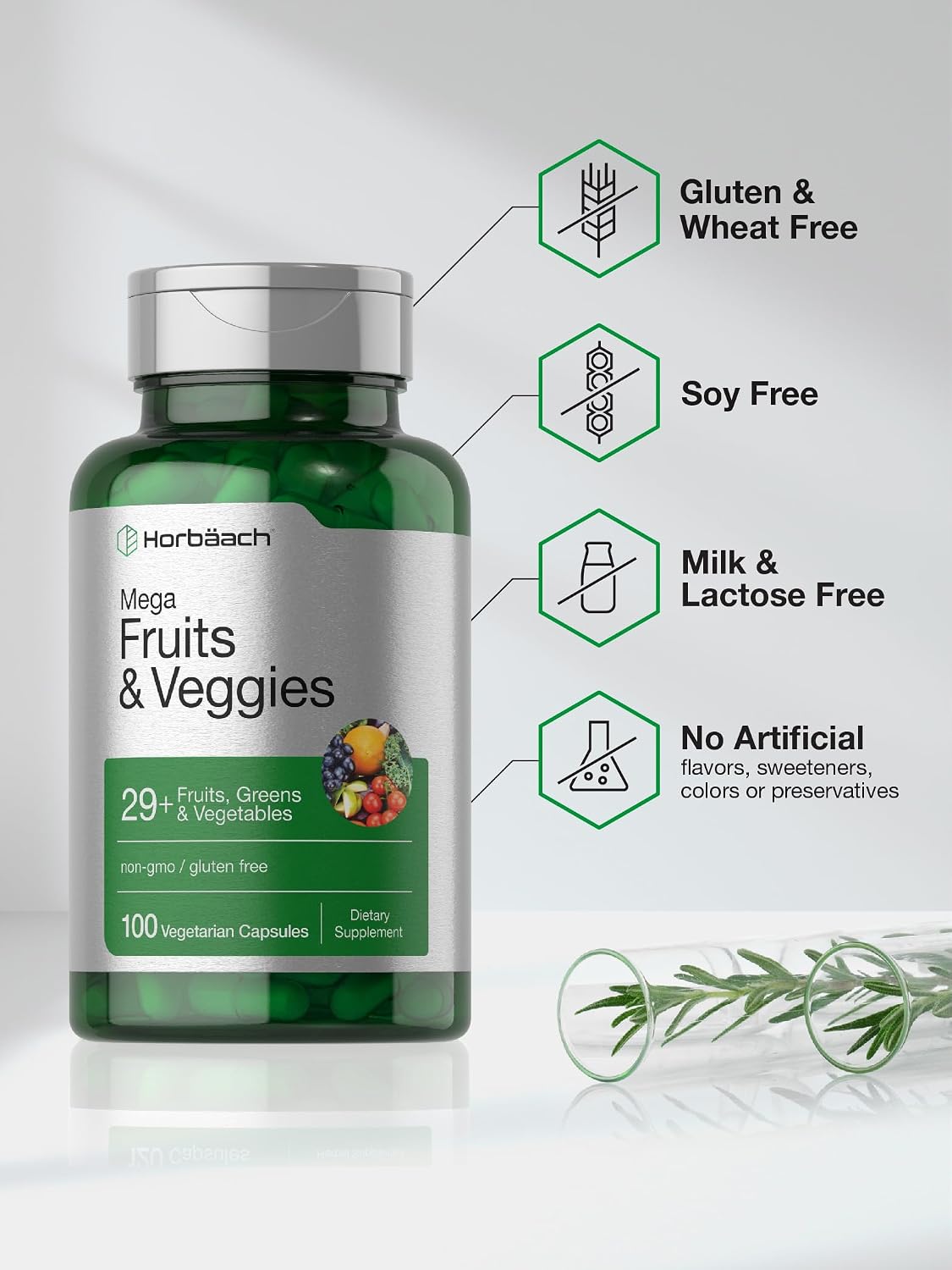 Horbäach Mega Fruits and Veggies Suplemento | 100 Cápsulas | Vegetariano, No-GMO y Sin Gluten