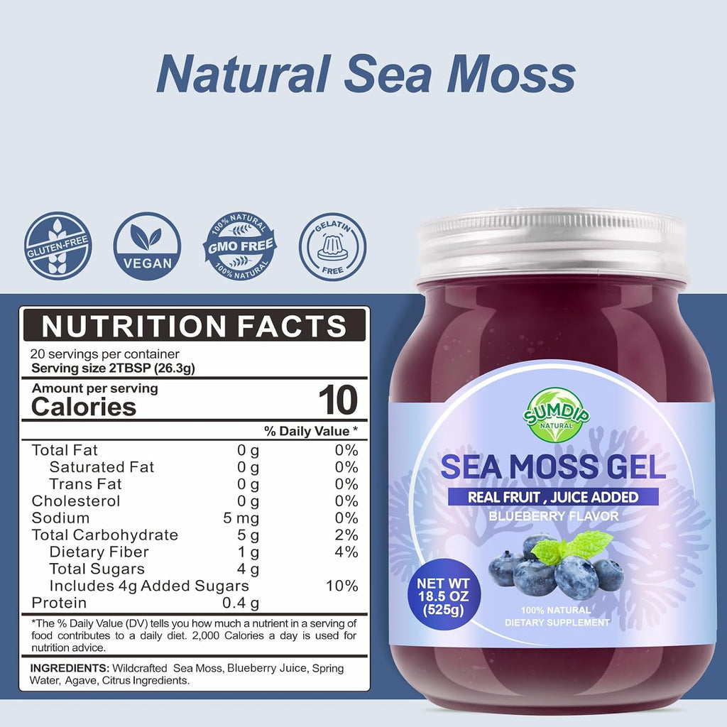 SumDIP Sea Moss Gel de Arándanos Azules - 18.5oz (524g) - Suplemento Natural de Vitaminas y Minerales