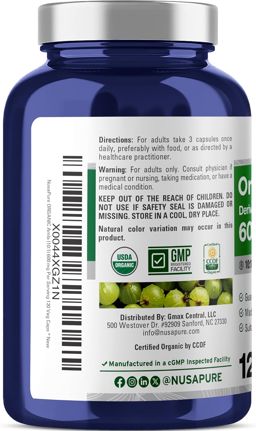 NusaPure Cápsulas de Amla Orgánico 600 mg, 120 Cápsulas Veganas