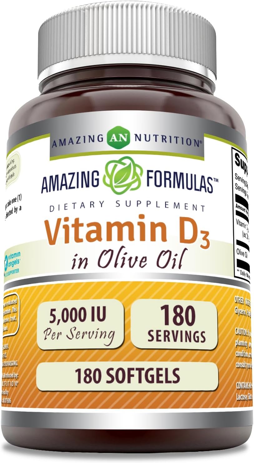 Amazing Formulas Vitamina D3 con Aceite de Oliva 5000 IU - 180 Cápsulas Blandas