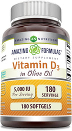Amazing Formulas Vitamina D3 con Aceite de Oliva 5000 IU - 180 Cápsulas Blandas