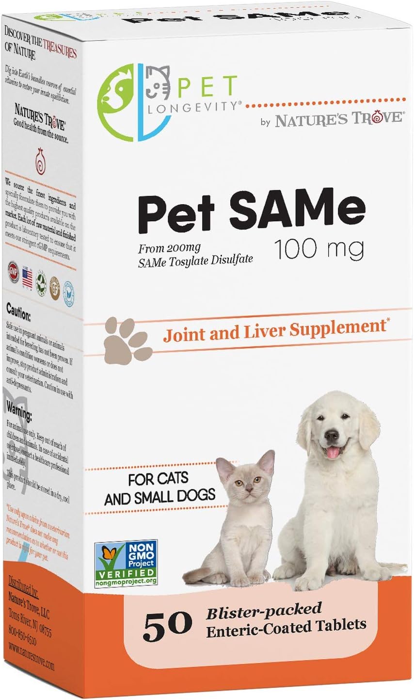 Pet Longevity SAM-e 100 mg – Complemento para el Hígado y Articulaciones para Gatos y Perros Pequeños – 50 Comprimidos con Recubrimiento Entérico