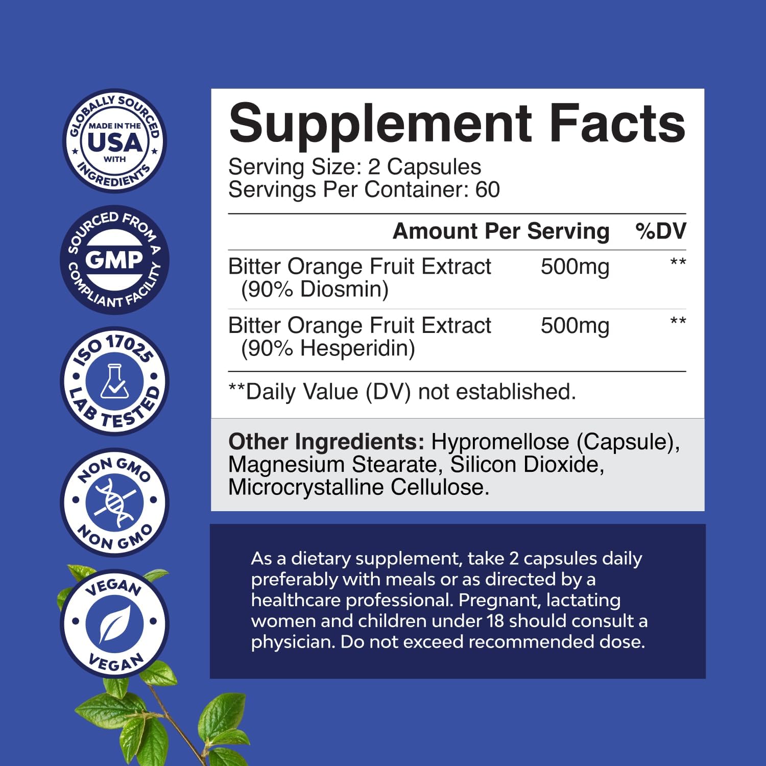 Complejo de Diosmina y Hesperidina 1000mg – Suplemento para la Circulación – Vegano, Sin Gluten – 120 Cápsulas