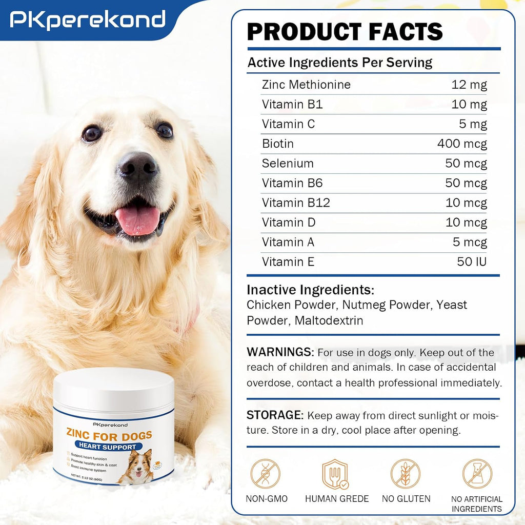 Zinc para Perros - Suplemento de Apoyo Cardíaco, Piel y Pelaje, Función Inmune con Biotina, Selenio y Vitaminas