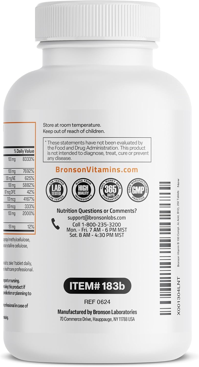 Bronson Super B 100 Complete B Complex with Sustained Release - 250 Tablets