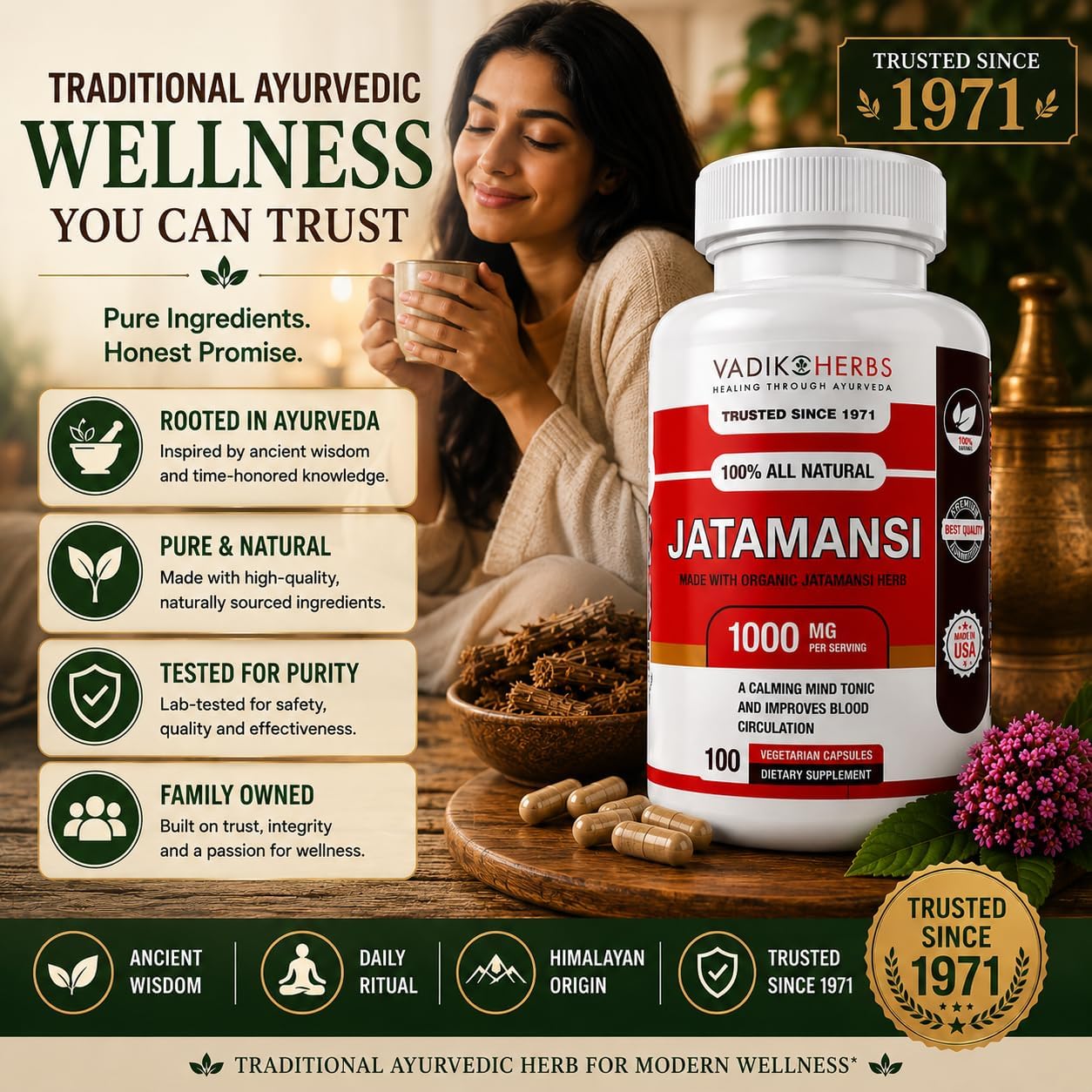 Vadik Herbs Jatamansi Cápsulas 1000mg – Raíz Orgánica de Jatamansi (Nardostachys jatamansi) – Hierba Ayurvédica para la Calma, Claridad y Sueño Reparador – 100 Cápsulas Vegetales – No Transgénico