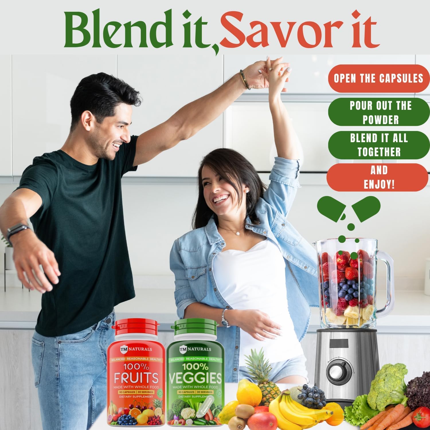 TM NATURALS Suplemento de Frutas y Verduras para Hombres y Mujeres - 90 Cápsulas (Pack de 2) - Superalimentos Naturales