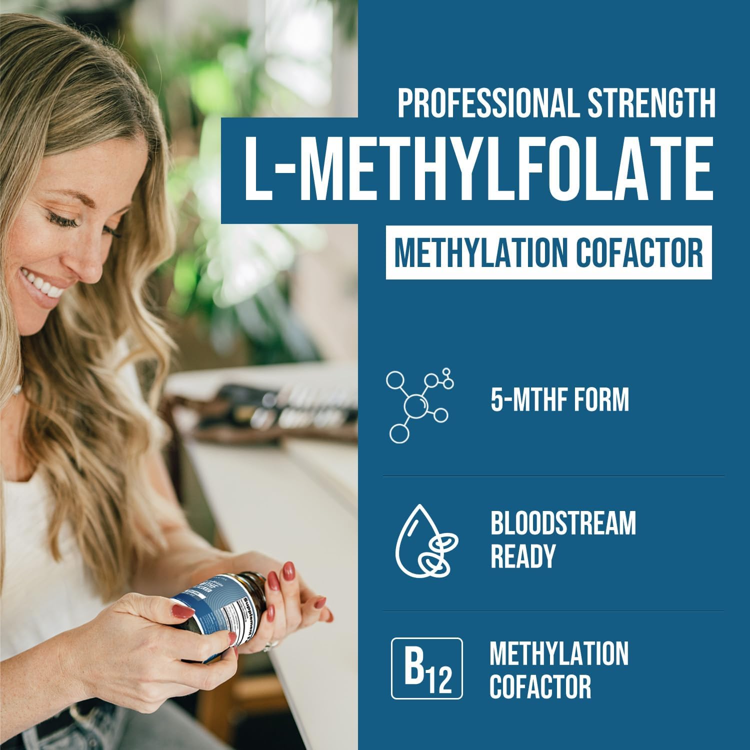 L-Metilfolato 1000 mcg más Metil B12 Cofactor – Forma Activa 5-MTHF – Apoya el Estado de Ánimo, la Metilación y la Cognición – Vitaminas B9 y B12 Altamente Biodisponibles (60 Cápsulas – 60 Porciones)