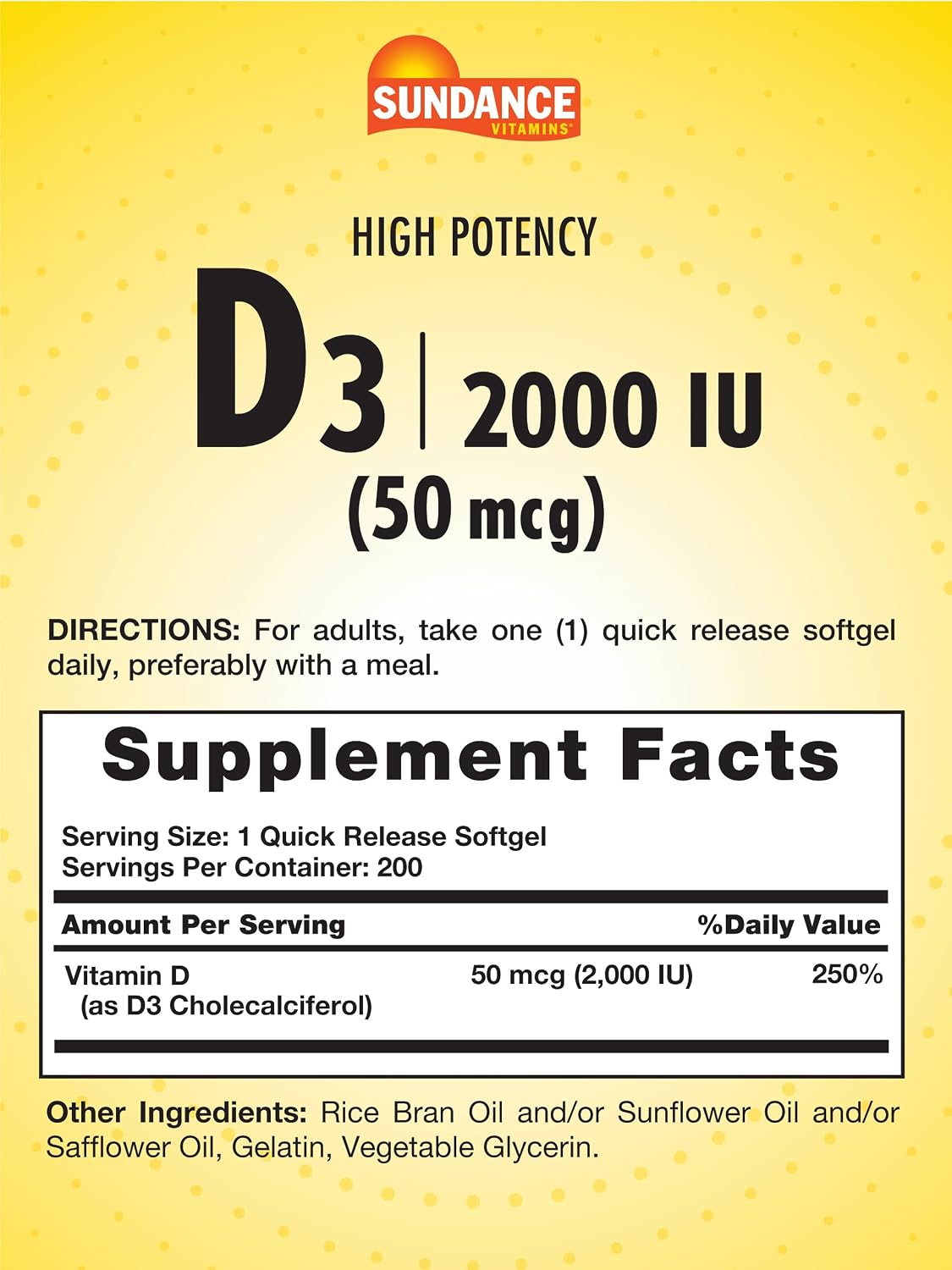 Sundance Vitamina D3 2000 IU, 200 Cápsulas Blandas