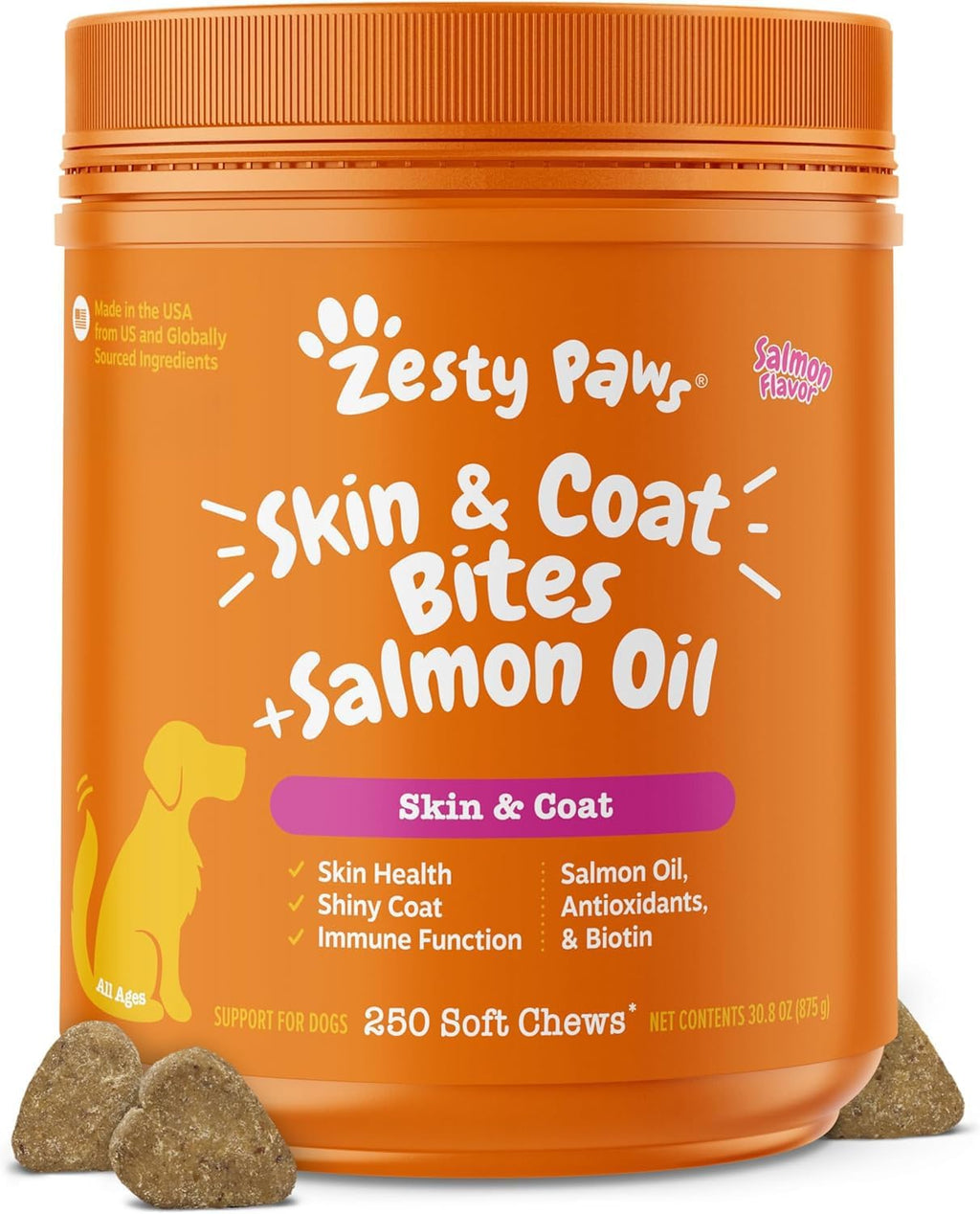 Zesty Paws Masticables de Aceite de Salmón para Perros - Omega 3, Piel y Pelaje, 250 unidades