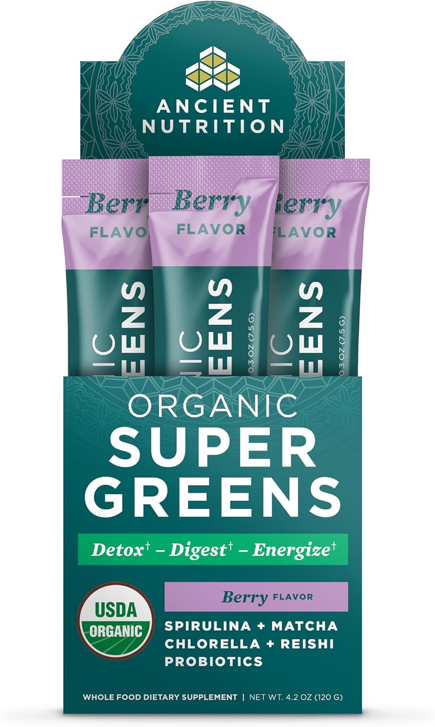 Ancient Nutrition SuperGreens Powder con Probióticos - Sabor Mango Orgánico - 16 Sticks