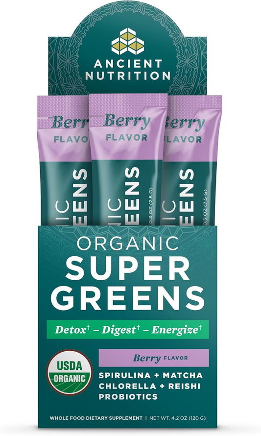 Ancient Nutrition SuperGreens en Polvo con Probióticos, Sabor Bayas Orgánico, 16 Sticks
